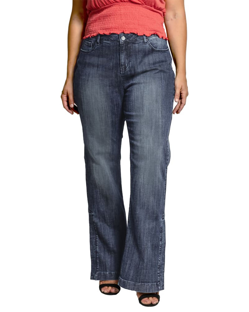 Front of a model wearing a size 14 Stacey High Waist Flare Jeans in Medium Blue Whisker by Standards & Practices. | dia_product_style_image_id:276121